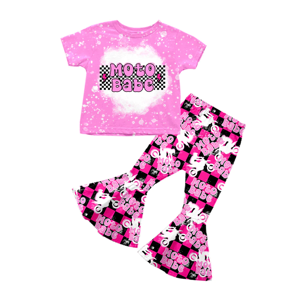 preorder GSPO1493 moto babe hot pink short sleeve checkered pants girls set