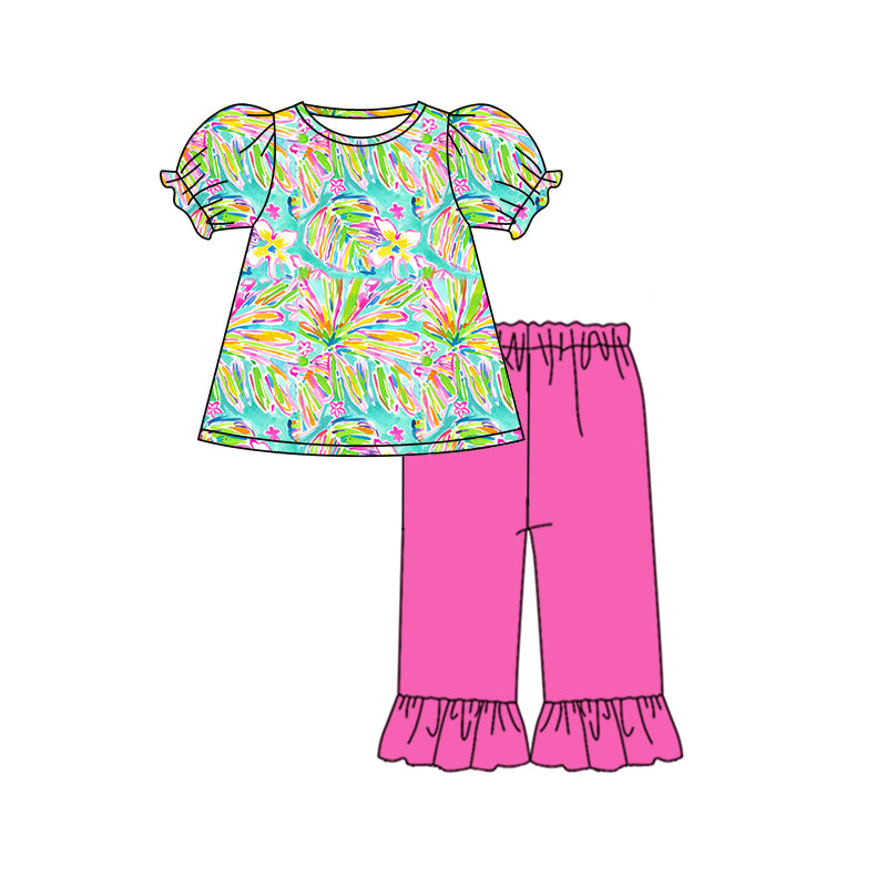 preorder GSPO1494 multi colorful flowers short sleeve hot pink pants girls set