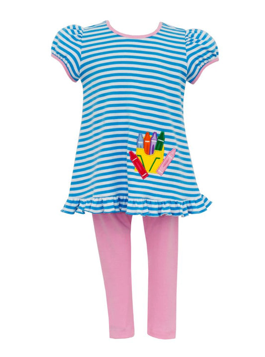 preorder GSPO1496 back to school pen blue striped short sleeve pink pants girls set