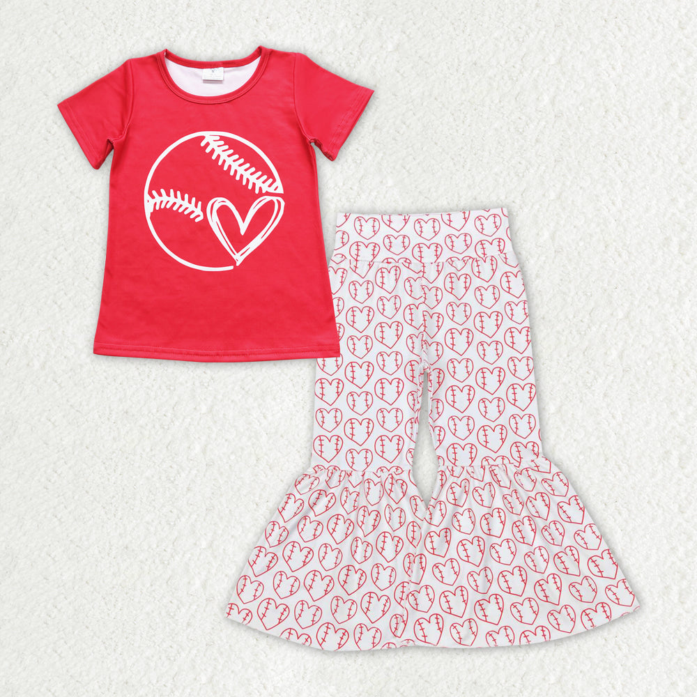 GSPO1497 heart baseball red short sleeve pink heart baseball pants girls set