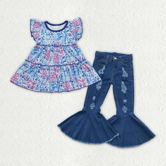 GSPO1498 blue flowers flutter blue denim pants girls set