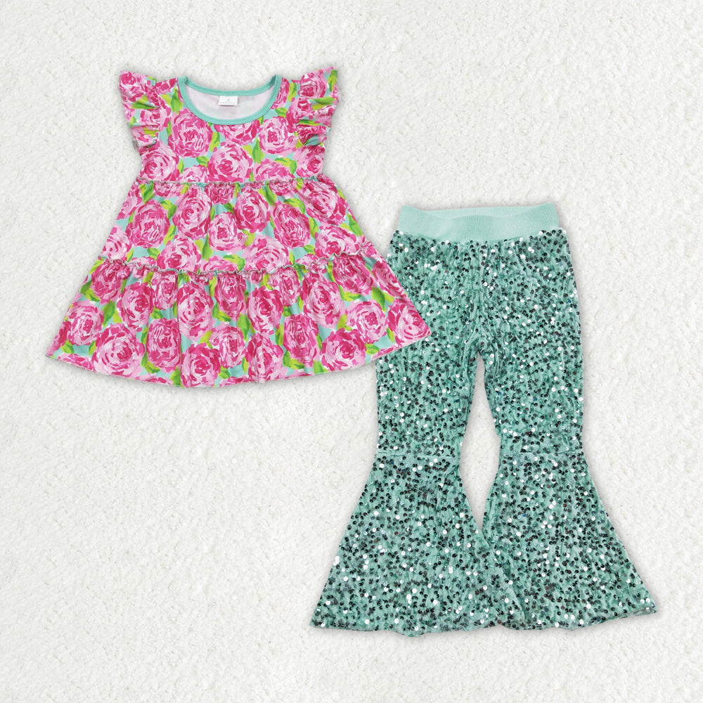 GSPO1501 hot pink flowers flutter sleeve green sequin pants girls set