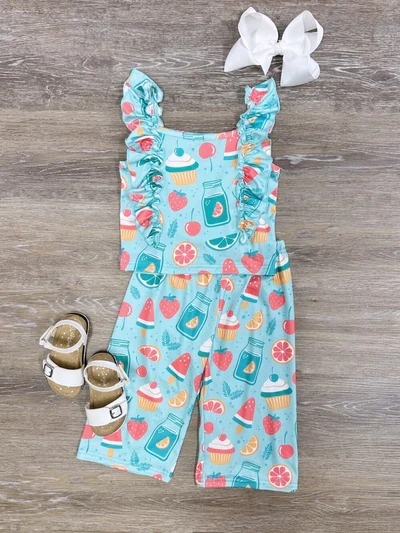 preorder GSPO1506 strawberry watermelon cake blue flutter sleeve pants girls set