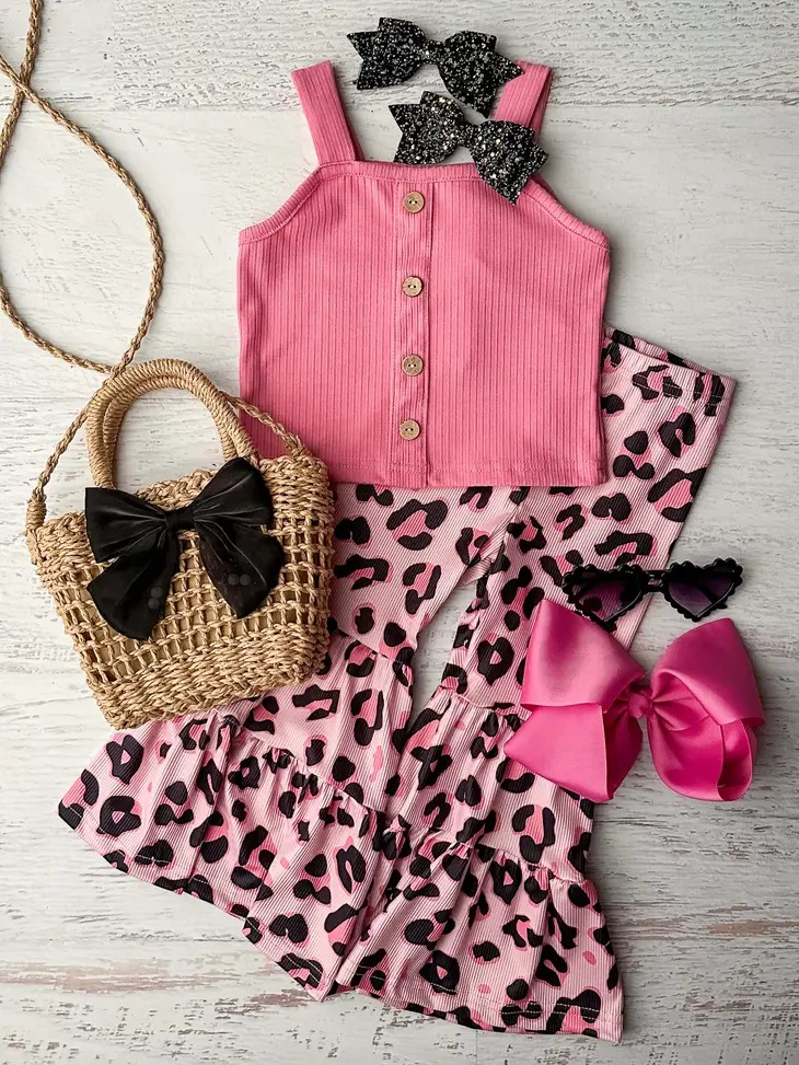 preorder GSPO1509 pink tank top pink leopard pants girls set