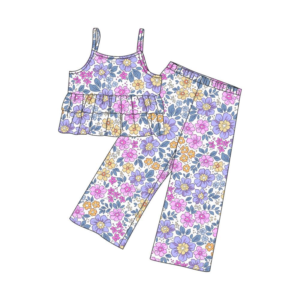 preorder GSPO1510 multi color flowers purple pink yellow flowers camisole pants girls set