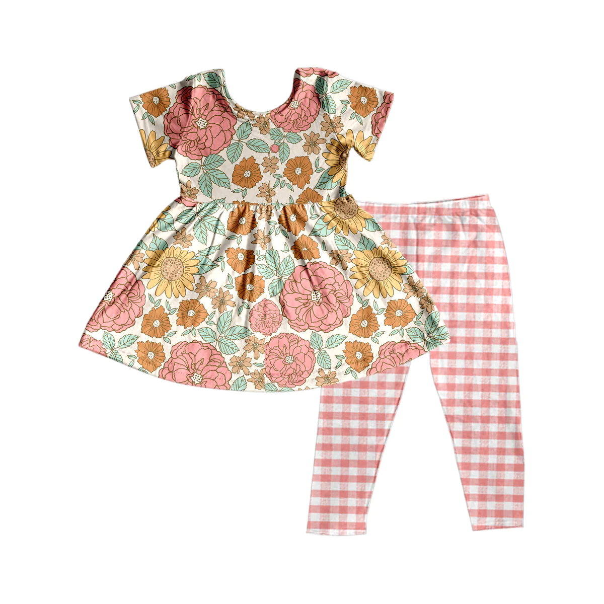 preorder GSPO1511 multi color flowers pink/orange flowers short sleeve pink checkered pants girls set