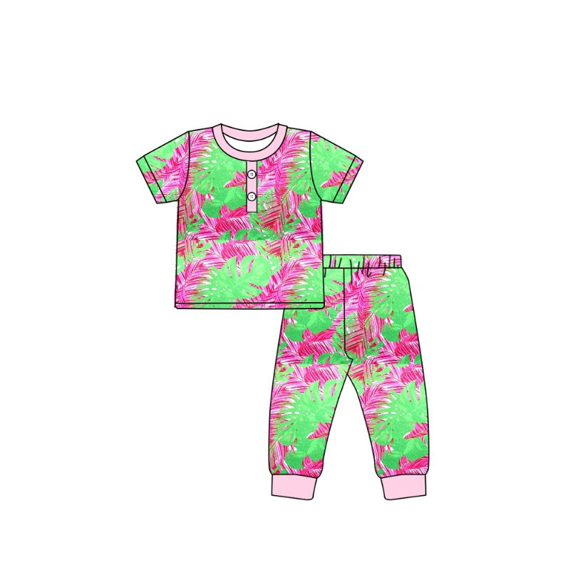 preorder GSPO1513 hot pink & green coconut tree bright color print short sleeve pants girls pajamas