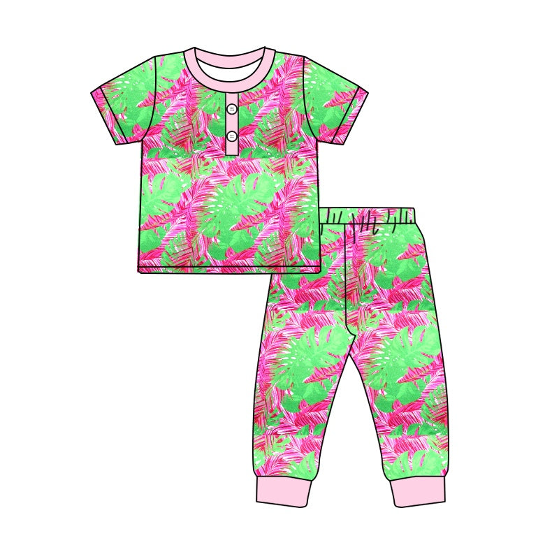 preorder GSPO1514 hot pink & green The coconut tree bright color print short sleeve pants adult pajamas