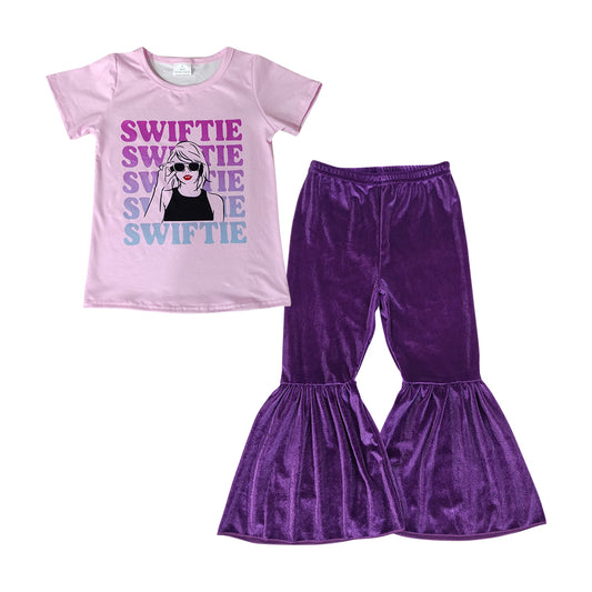 preorder GSPO1518 country singer pink short sleeve purple velvet pants girls set pop singer