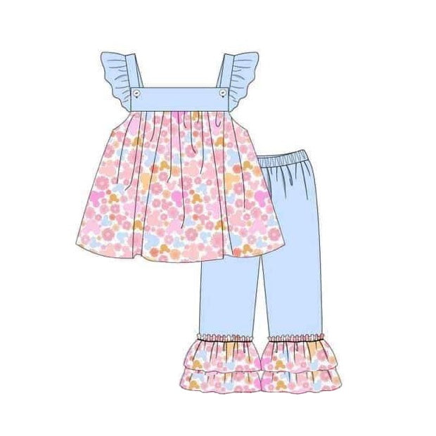 preorder GSPO1519 colorful flowers flutter sleeve blue pants girls floral set