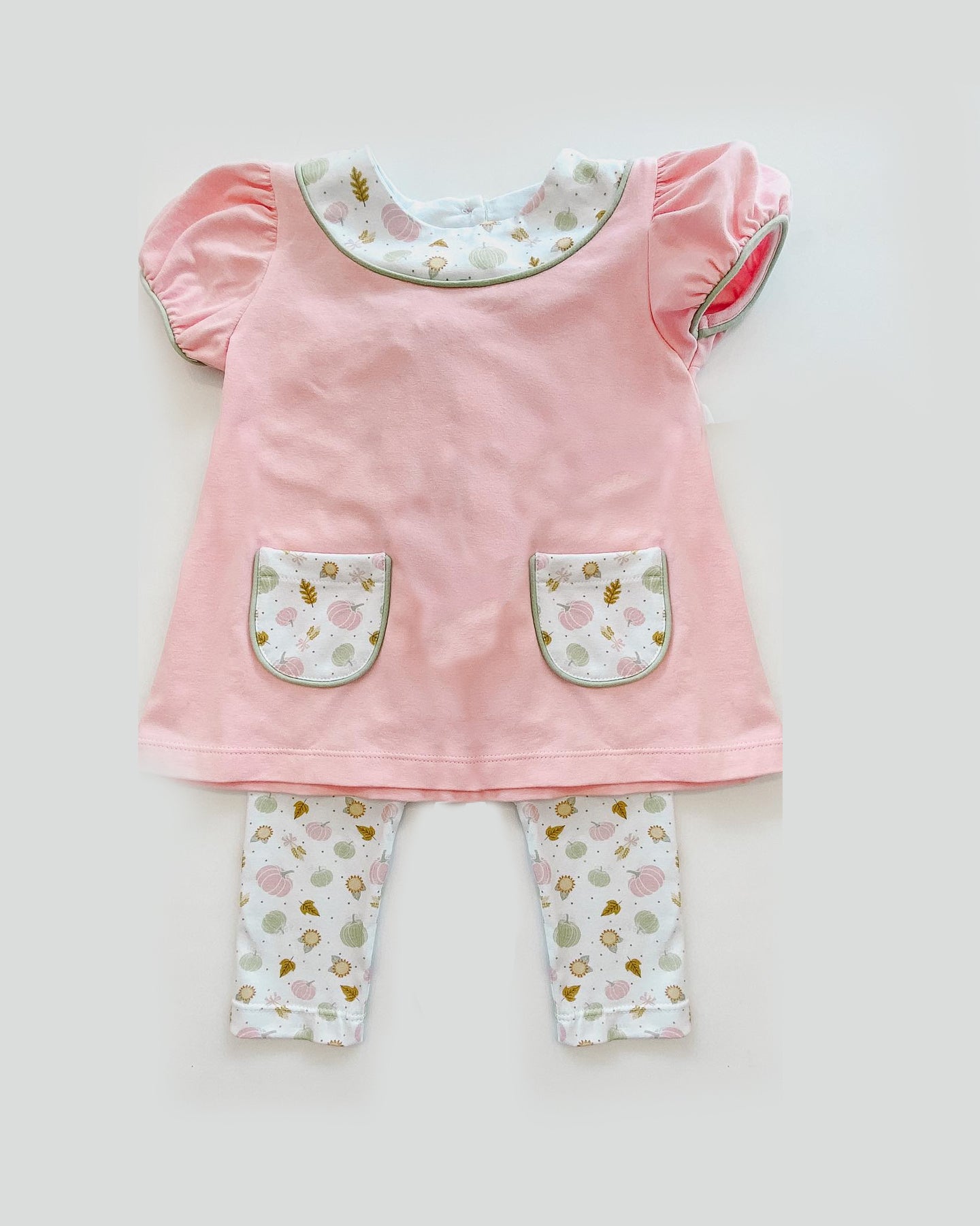 preorder GSPO1528 pink pockets short sleeve pink pumpkin pants girls set Autumn full