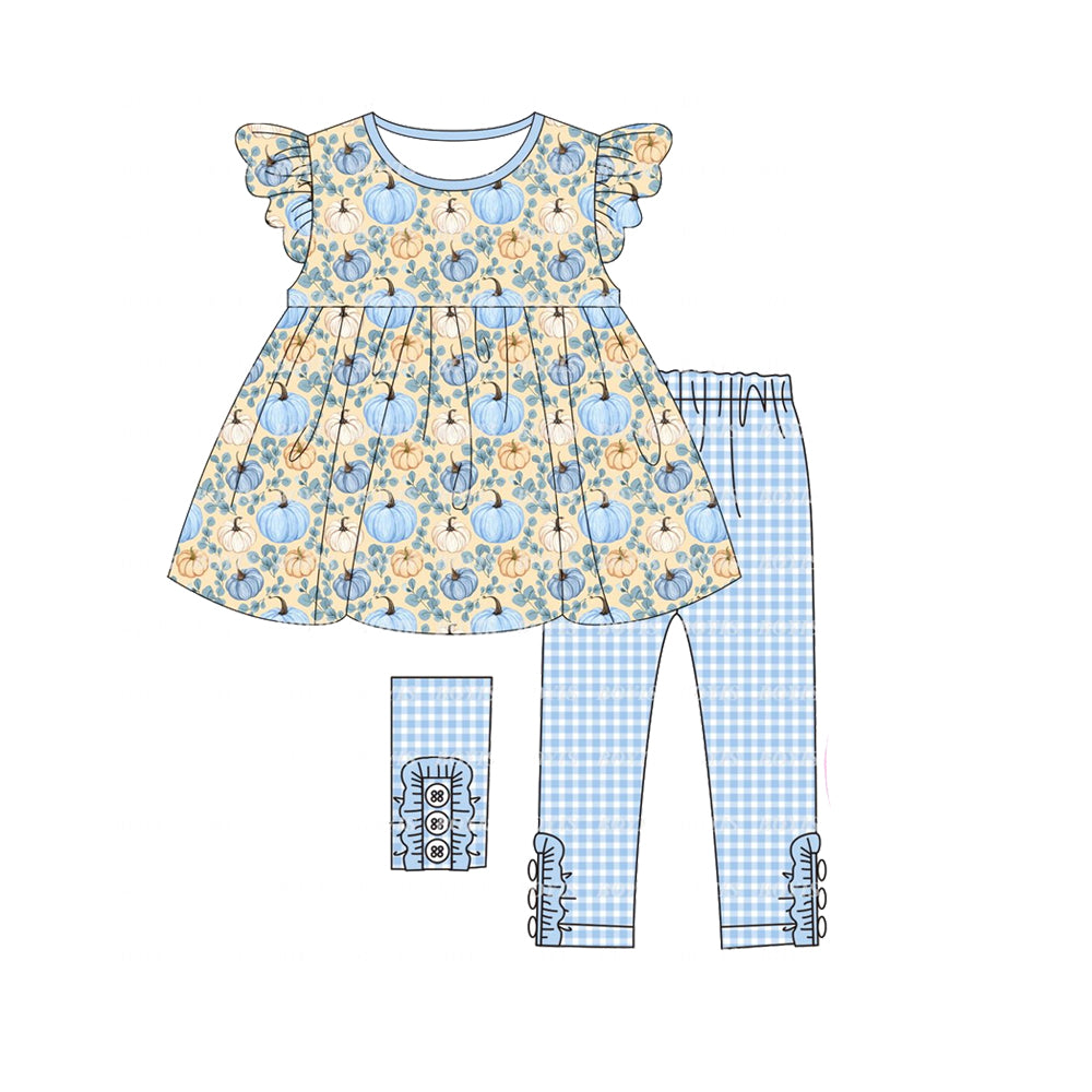 preorder GSPO1530 Autumn full pumpkin flutter sleeve black checkered pants girls set