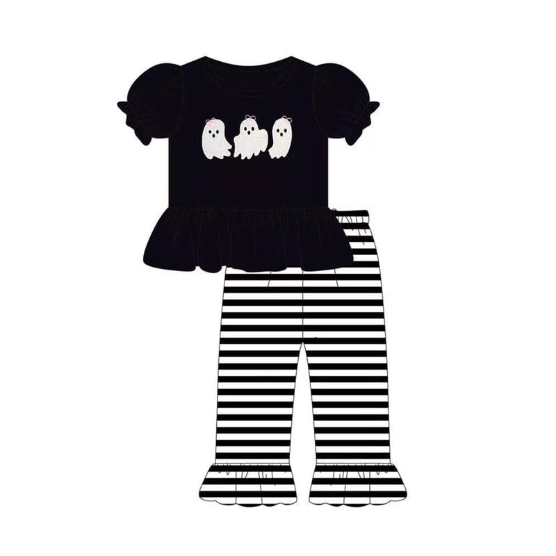 preorder GSPO1539 Halloween ghost black short sleeve black striped pants girls set