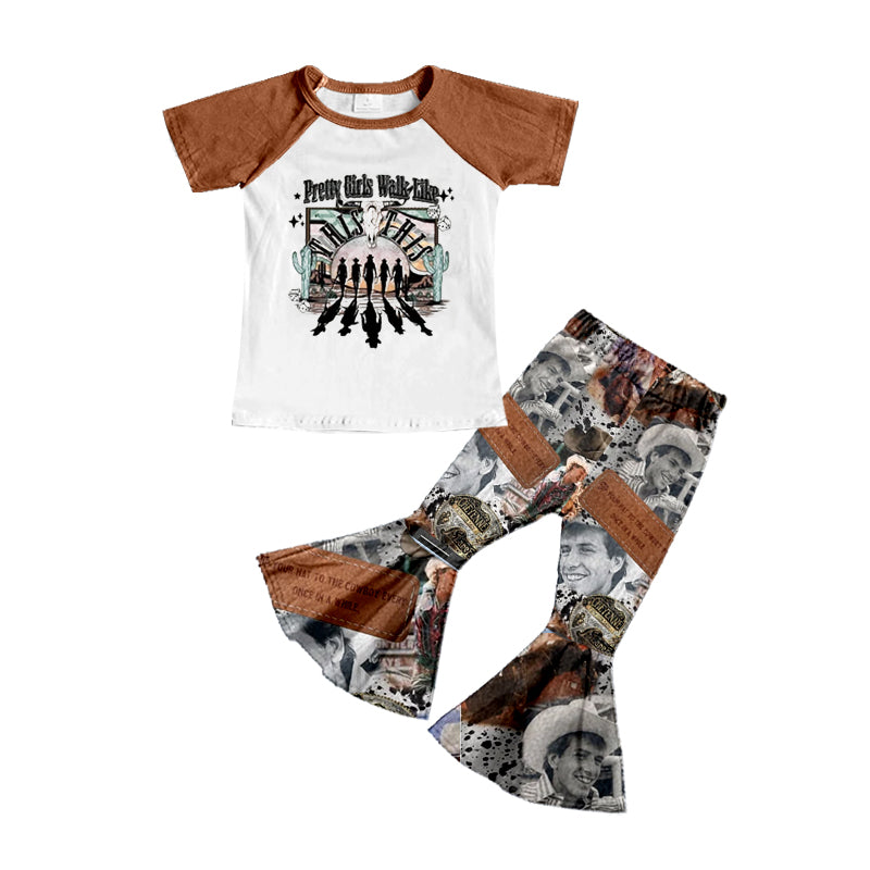 preorder GSPO1548 Western cowboys brown short sleeve pants girls set