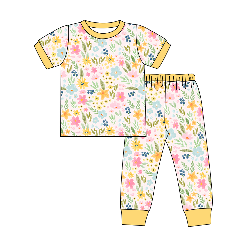 preorder GSPO1551 colorful flowers cute print yellow short sleeve pants girls pajamas