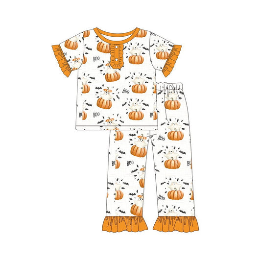 preorder GSPO1559 Halloween boo ghost pumpkin orange short sleeve pants girls pajamas