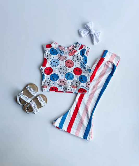 preorder GSPO1561 July 4th colorful smile sleeveless colorful striped pants girls set