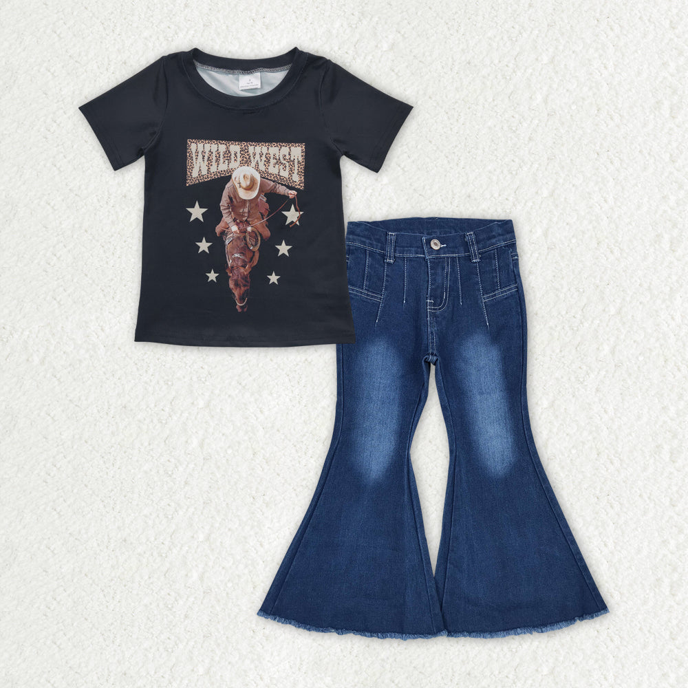 GSPO1563 Western wild west rodeo black short sleeve top blue denim pants girls jeans set