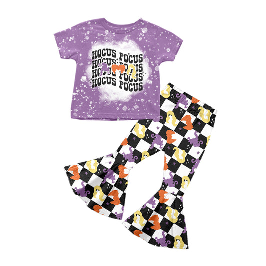 preorder GSPO1576 Halloween witch purple short sleeve plaid pants girls set