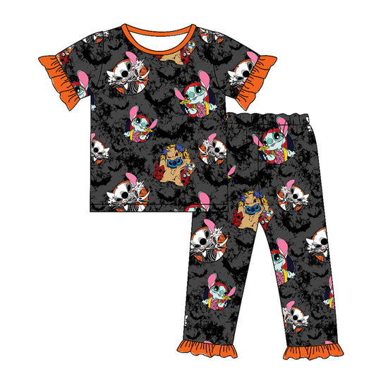 preorder GSPO1580 Halloween skull cartoon animals black short sleeve pants girls pajamas