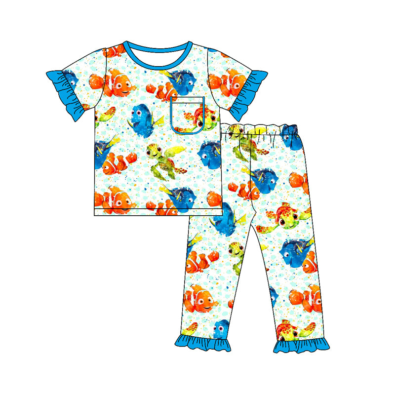 preorder GSPO1582 cartoon fish tortoise blue short sleeve pants girls pajamas