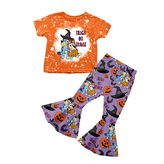 preorder GSPO1589 Halloween pumpkin blue dog orange short sleeve purple pants girls set