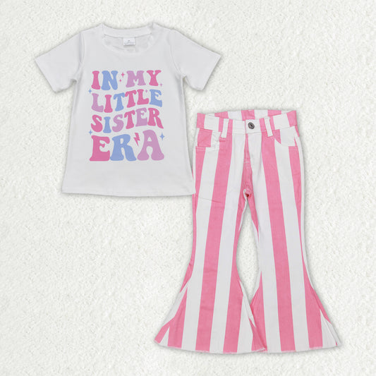 GSPO1595 in my little sister era short sleeve pink striped denim pants girls jeans set