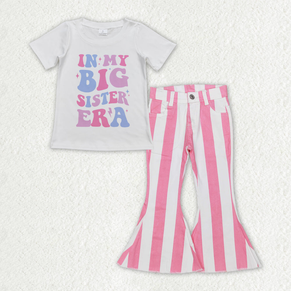 GSPO1596 in my big sister era short sleeve pink striped denim pants girls jeans set