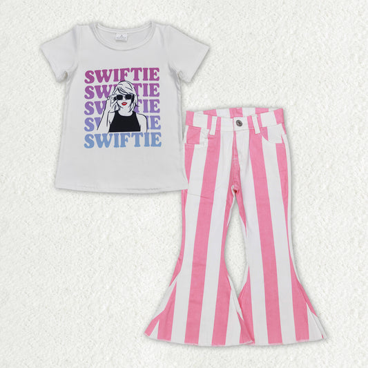 GSPO1597 country singer Swiftie short sleeve pink striped denim pants girls jeans set