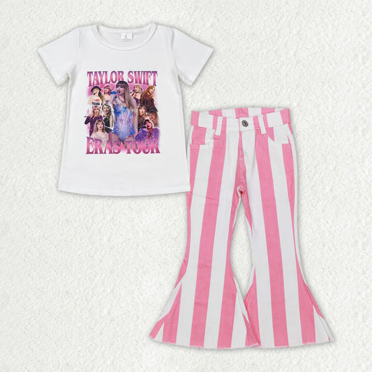 GSPO1598 country singer Swift era tour short sleeve pink striped denim pants girls jeans set