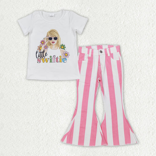 GSPO1599 country singer Swiftie short sleeve pink striped denim pants girls jeans set