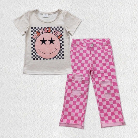 GSPO1606 mama's girl smile short sleeve hot pink checkered denim pants girls set