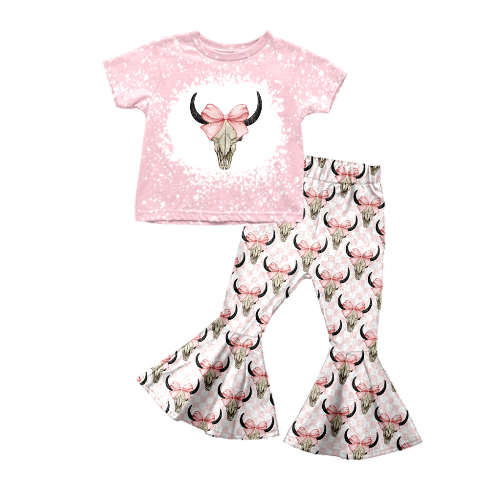 preorder GSPO1619 pink bow cow short sleeve pants girls set