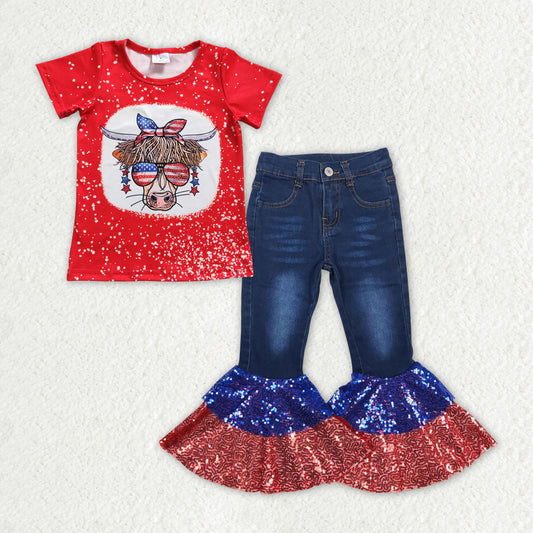 GSPO1621 July 4th cow red short sleeve red blue sequin denim pants girls jeans set
