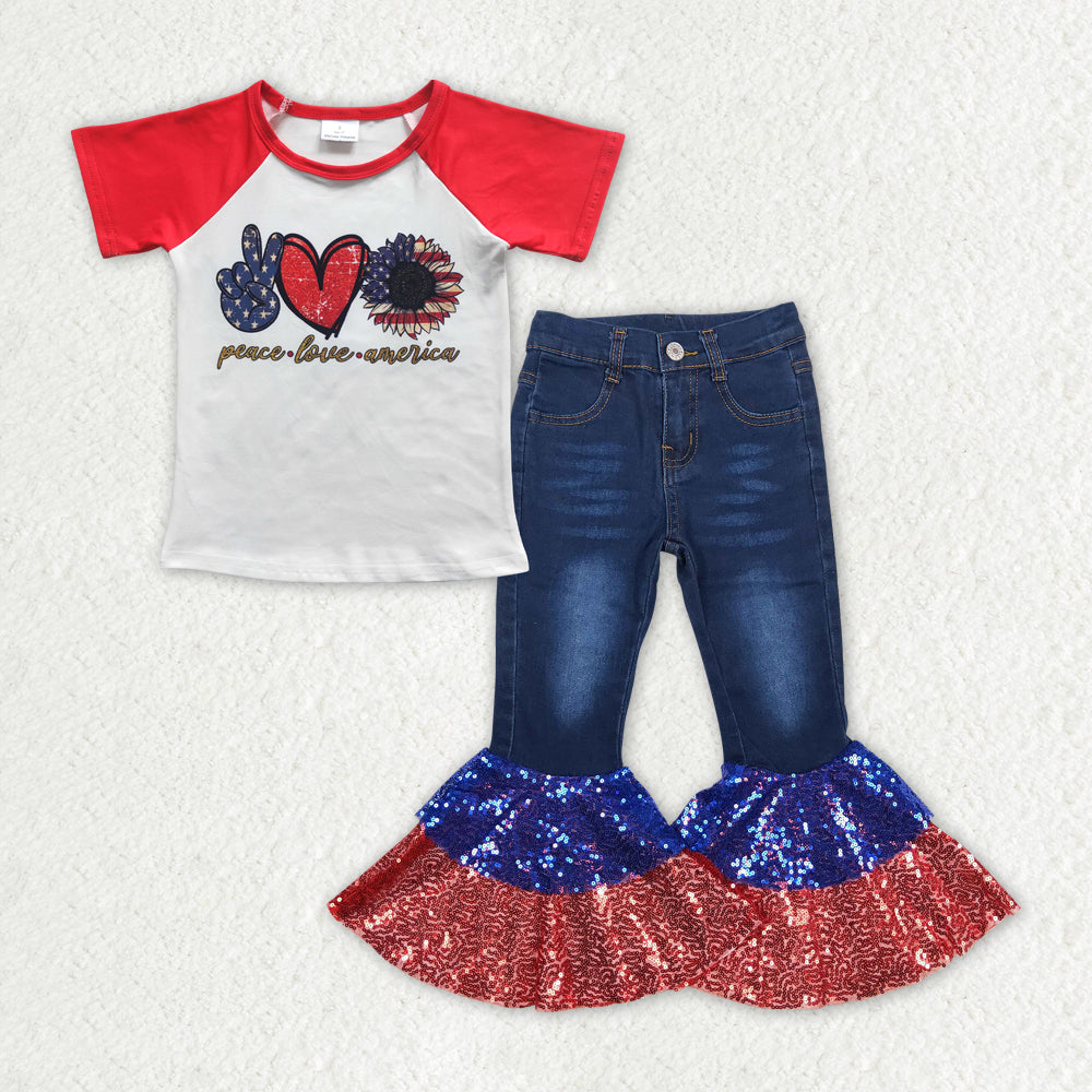 GSPO1622 July 4th America short sleeve red blue sequin denim pants girls jeans set