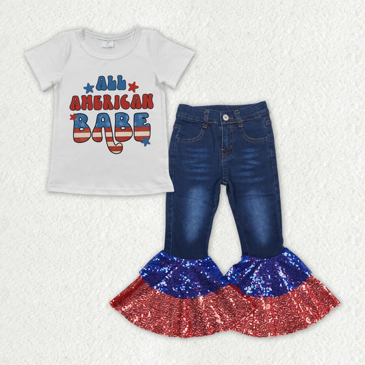 GSPO1623 July 4th America babe short sleeve red blue sequin denim pants girls jeans set