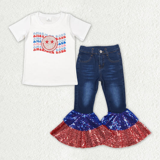 GSPO1624 July 4th America babe smile short sleeve red blue sequin denim pants girls jeans set