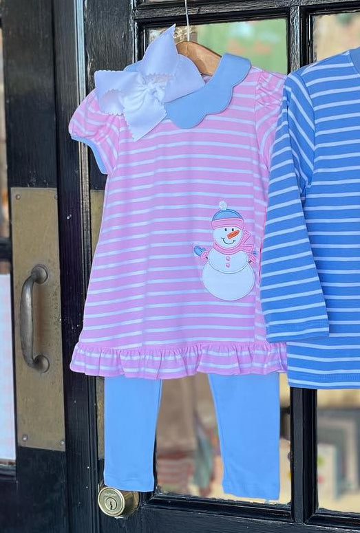 preorder GSPO1629 Christmas snowman pink striped short sleeve blue pants girls set