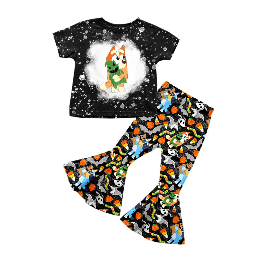 preorder GSPO1630 Christmas candy corn spooky cartoon dog black short sleeve pants girls set