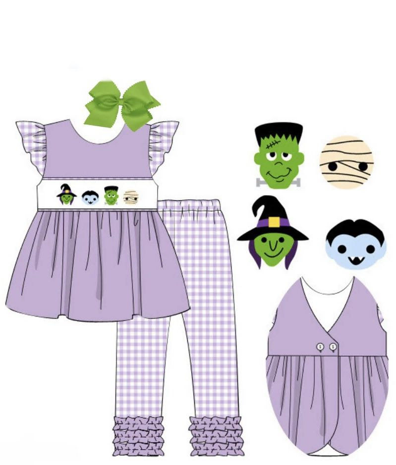 preorder GSPO1637 Halloween green ghost purple flutter sleeve striped pants girls set