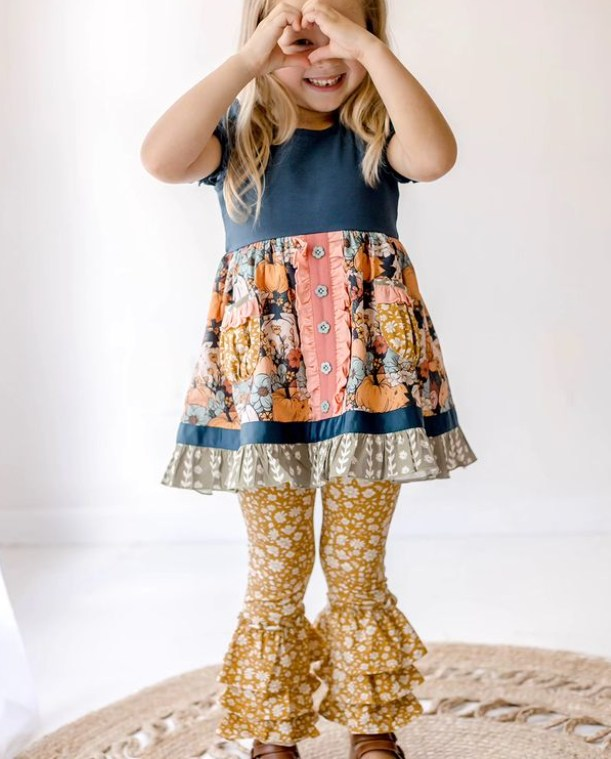 preorder GSPO1641 colorful flowers short sleeve yellow pants girls floral set
