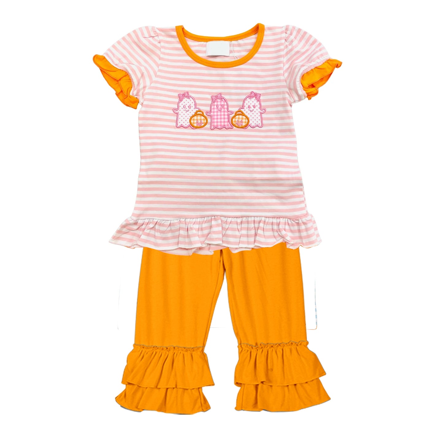 preorder GSPO1646 Halloween spooky pumpkin pink striped short sleeve orange pants girls set