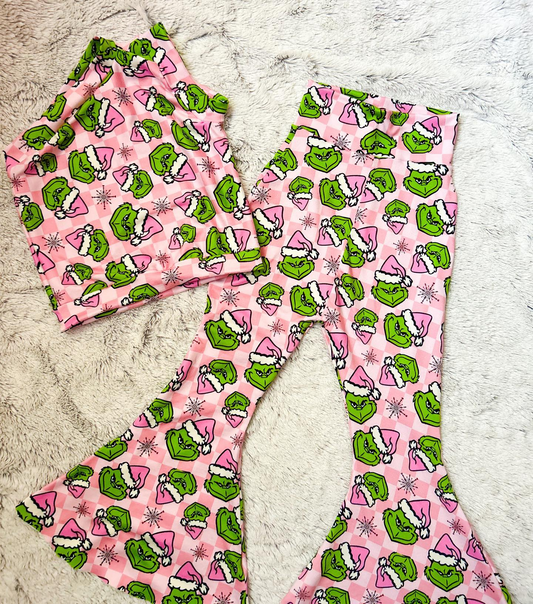 preorder GSPO1648 Christmas green face pink sleeveless pants girls set