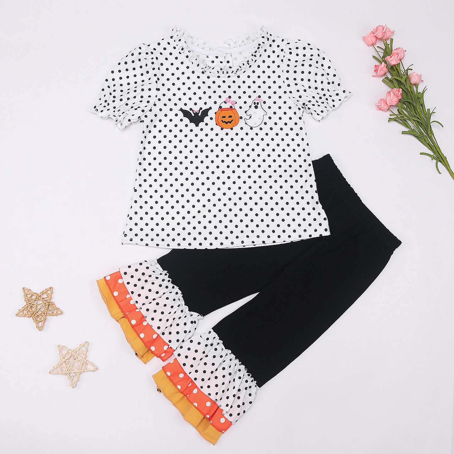 preorder GSPO1652 Halloween spooky pumpkin bat dot short sleeve black pants girls set