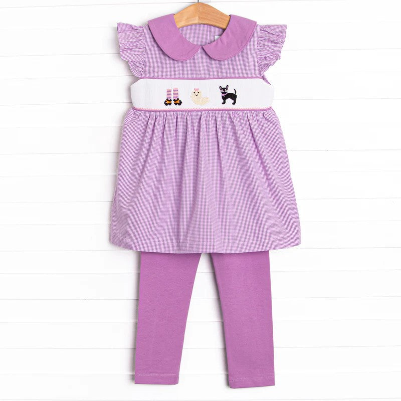 preorder GSPO1653 Halloween spooky cat purple checkered flutter sleeve purple pants girls set