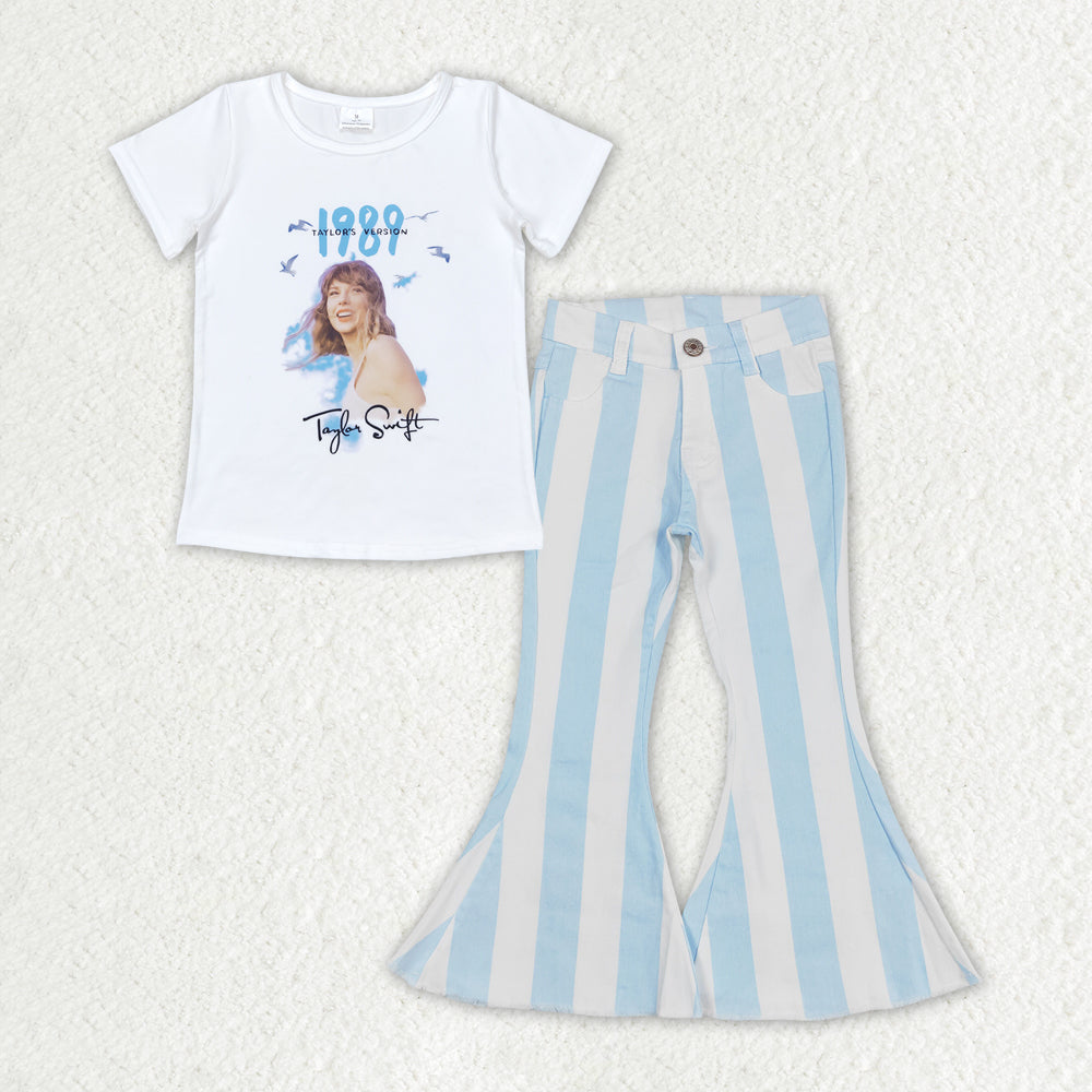 GSPO1655 1989 Taylor country singer short sleeve blue striped denim pants girls jeans set