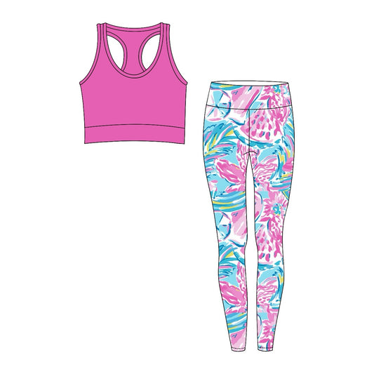 preorder GSPO1662 hot pink purple sleeveless colorful flowers pants adult yoga clothes