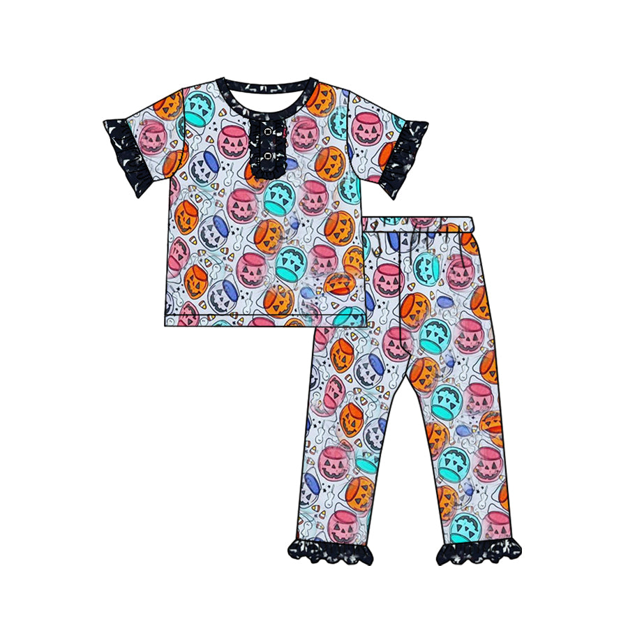 preorder GSPO1667 Halloween pumpkin colorful short sleeve pants girls pajamas