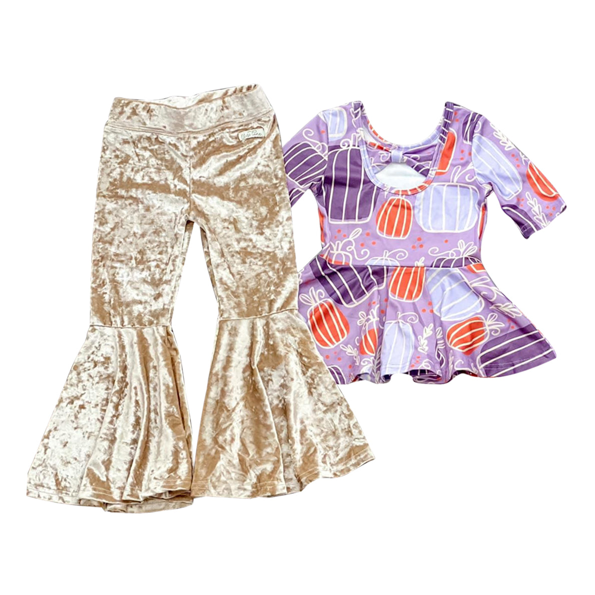 preorder GSPO1672 pumpkin purple short sleeve goldeb velvet pants girls set