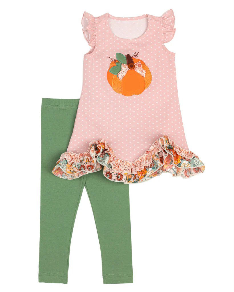 preorder GSPO1679 Autumn pumpkin pink flutter sleeve green pants girls set